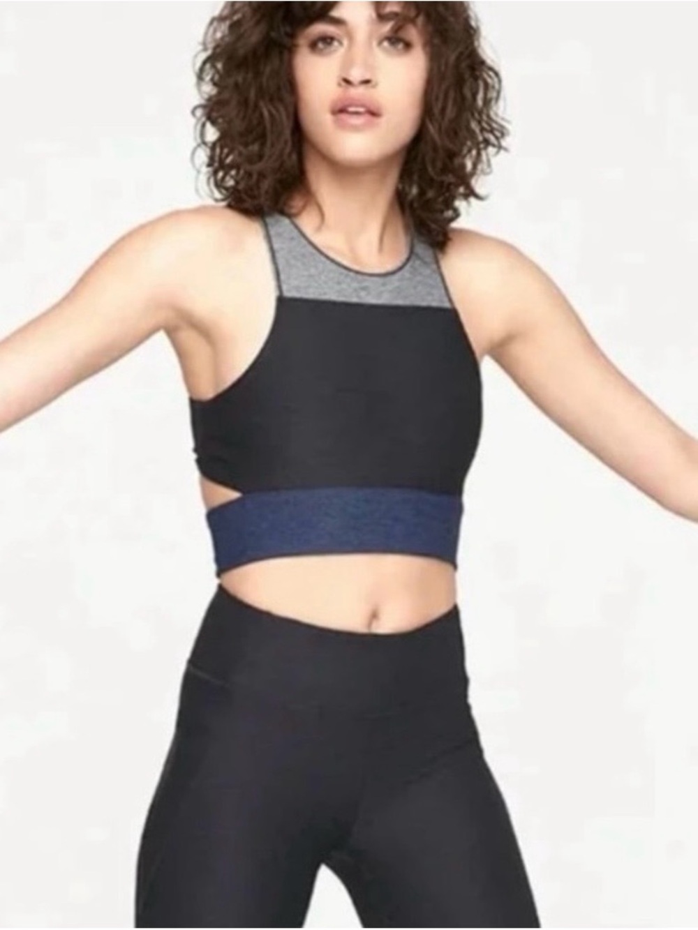 Outdoor Voices  Cutout Colorblock Sports Bra  - Black & Gray with Navy Band